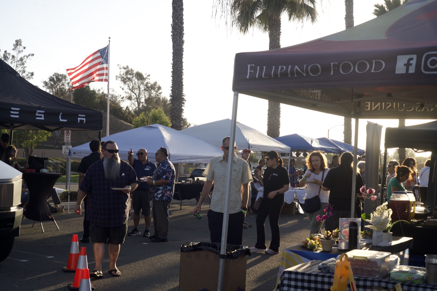 A wide view down the street of festival tents and the crowd.
